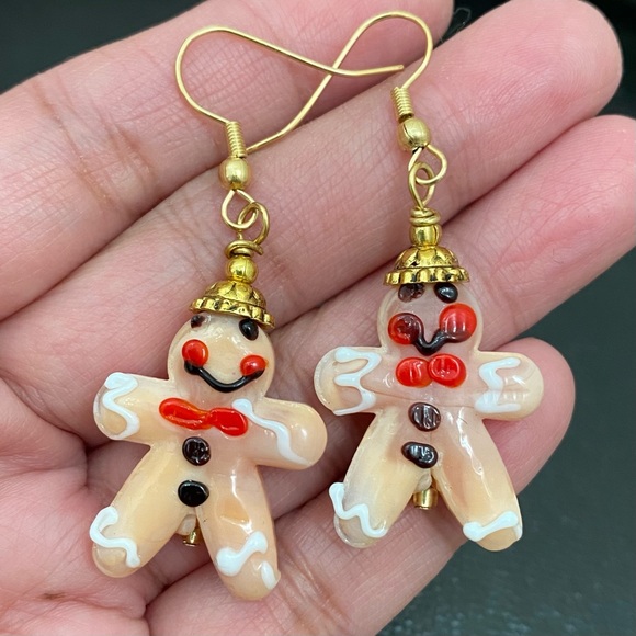Handmade Lampwork Bead Gingerbread Christmas Earrings - Picture 3 of 10